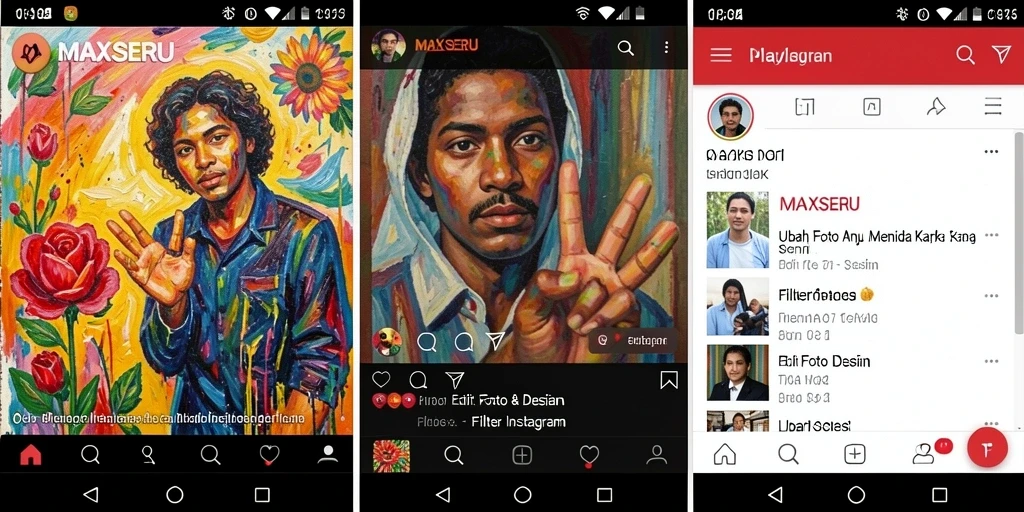 Antarmuka aplikasi MAXSERU dengan berbagai pilihan filter Instagram.
